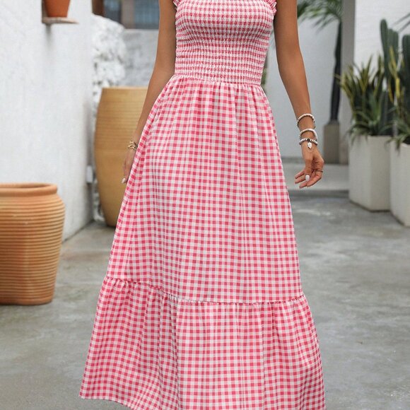 Multicolor Boho Women's Elegant Houndstooth Print Dress With Spaghetti Straps - Picture 5 of 7